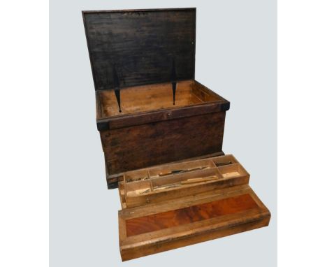 A substantial pitch pine carpenters / tool chest, early 20th century, lockable (including key) hinged top opens to reveal a f