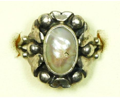 Rasmus Bjorn Halvordersen, a Danish silver and pearl ring, c.1900/20, stamped RBH, ?, 900, M, 3.8gm 