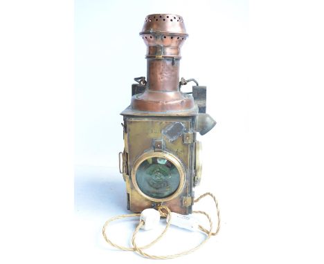 An attractive vintage railway level crossing gate lamp (possibly French) in brass and copper with added modern electric mains