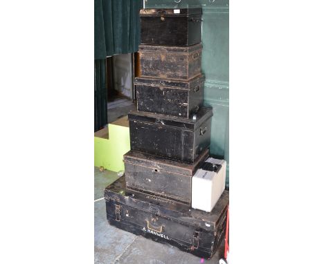 Vintage metal trunk, five similar metal deed boxes and a Cathedral safe box with keys (7) 