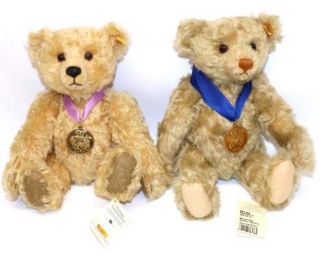 Two Steiff commemorative year bears in blonde mohair: one with 2003 medallion on lilac ribbon 660931, and another with 2004 m