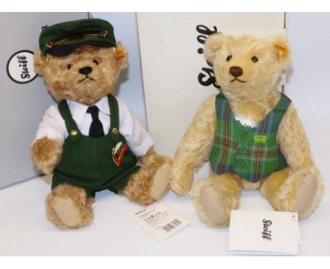 Steiff teddy bears: 'Flying Scotsman' 664694, bear wearing a green Flying Scotsman engine driver uniform, H26cm, with box; an