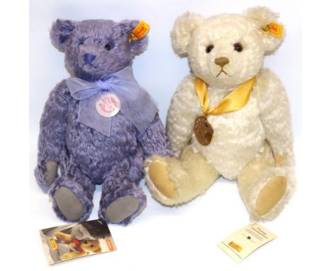Steiff teddy bears: blonde mohair bear 654701, with yellow ribbon and Millennium medallion, H29cm, and a purple mohair Classi