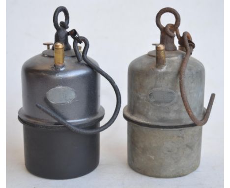 Two vintage French Arras miners carbide lamps, both approx 21.5cm high with handles/hanging hooks hanging by their sides 