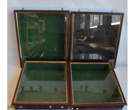 Four wall hanging wood and glass fronted display cabinets, ideal for model cars, trains etc. 2 in portrait format, W53.3xH64x