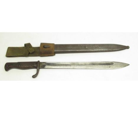 WWI Imperial Germany Army Butcher bayonet in original steel scabbard with webbing frog, Demag Duisburg, blade L37cm 