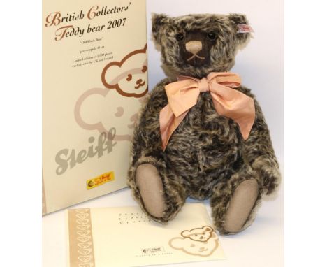 Steiff teddy bear: British Collectors' 2007 Old Black Bear, grey tipped mohair, wearing pale pink silk neck tie, H36cm, with 