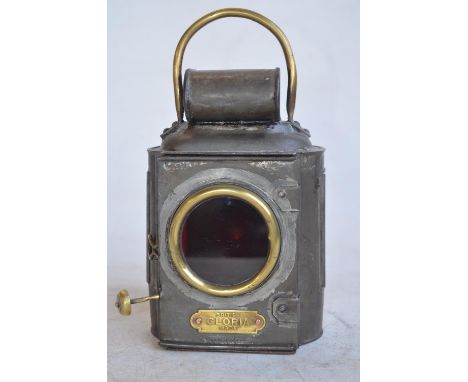 British Gloria Made paraffin fuelled British Rail wagon marker rear warning light, fixed carry handle, main red glass panel w