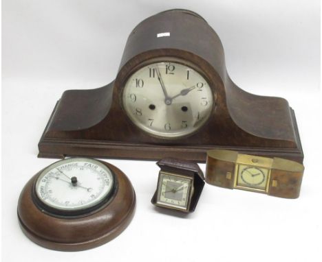 1930's German oak mantle clock, silvered Arabic dial, two train striking movement on a scroll gong, movement stamped with mak