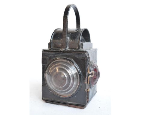 Vintage black painted safety/warning paraffin lamp with 2 red coloured side glass lenses (Kenyons Serilight) and clear glass 