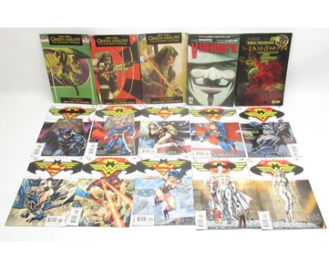 Mixed collection of DC comics inc. Green Arrow The Longbow Hunters books 1-3, Neil Gaiman's The Sandman Volume 1, V for Vende