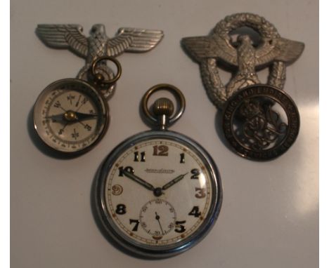 Jaeger-Le-Coultre military pocket watch, G.S.T.P 280296XX, bass pocket compass, For King and Empire badge and two WWII badges