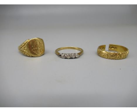 18ct yellow gold four stone diamond ring (A/F), size R, and two more 18ct gold rings, both A/F, 12.7g 