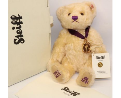 Steiff teddy bear:  Diamond Jubilee 2012 663659, in cream mohair, with gold medallion on purple ribbon, H25cm, with box and c