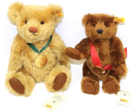 Steiff teddy bear: brown mohair 661303, with 'World's First Teddy Bear' medallion on red ribbon, H24cm; and another Steiff be