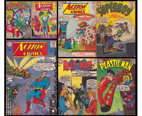 DC Comics collection of 7 assorted titles including Batman No.157 August 1963, Superboy No.46 January 1956, Action Comics No.
