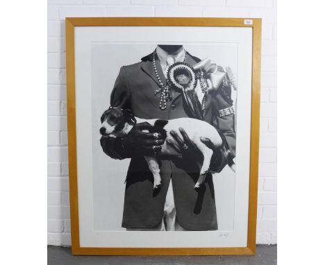 Large monochrome photographic print of a show jumper with a Jack Russell, signed indistinctly and numbered 1/3, professionall