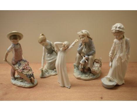 A group of five Lladro and Nao by Lladro porcelain figurines comprising 'Little Garderner' model number 1283, 'Girl with Doll