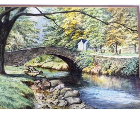R W Lamb - a watercolour depicting Pelter Bridge, Rydal, Cumbria, signed, image size 24.5 cm x 34.5 cm, mounted and framed un
