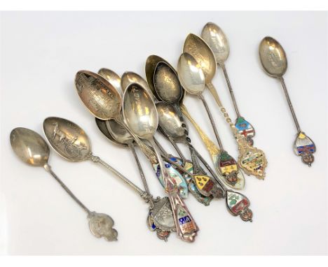 Canadian silver and enamel spoons for Quebec, Montreal, British Columbia, Wolverhampton Exhibition 1902, some scenic and high