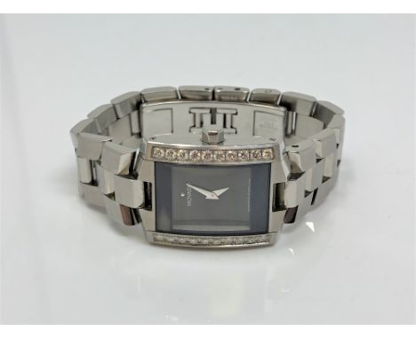 A stainless steel Movado wristwatch set with twenty diamonds, approx. 1ct total