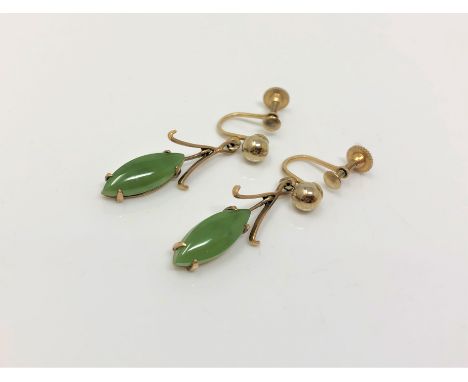 A pair of yellow metal jade drop earrings with screw-backs 