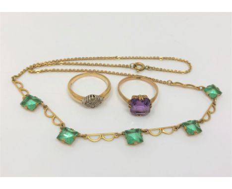 A 9ct gold amethyst solitaire ring, a similar diamond set ring and a costume necklace (3)