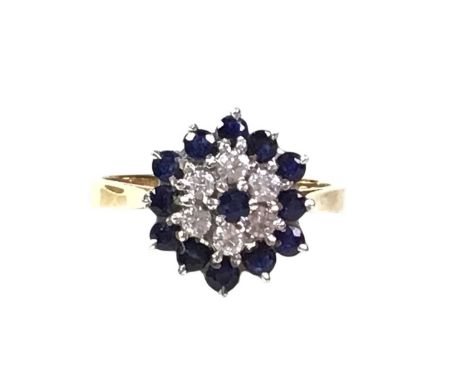 SAPPHIRE AND DIAMOND CLUSTER RING, NINE CARAT GOLD  size M 1/2