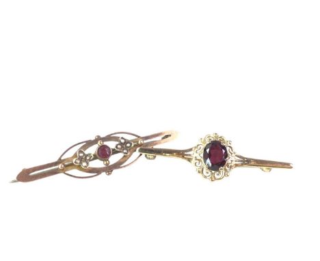 VICTORIAN BAR BROOCH, NINE CARAT GOLD the bar brooch with amethyst and seed pearls, along with another nine carat gold bar br