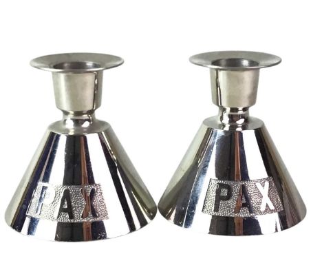 PAIR OF WHITE METAL CANDLESTICKS, AND OTHER ITEMS  including a Mauchline ware storage box, vintage scissors and clippers