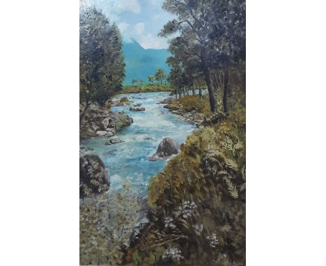 GEO BLAR, WOODLAND RIVER SCENE oil on board, along with a print of a steam engineeach framed the first 63cm x 42cm Qty: 2