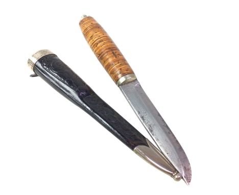 VINTAGE SCANDINAVIAN FINNISH PUUKKO KNIFE, bearing initials to the blade with embossed leather scabbard and white metal mount