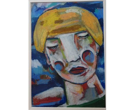 *TOM CAMPBELL, PORTRAIT mixed media on board, signed versomounted, framed and under glassoverall size 42cm x 35cm 