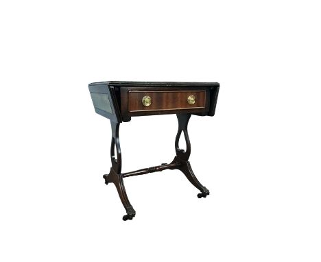 REPRODUCTION MAHOGANY DROP LEAF SOFA STYLE TABLE, ALONG WITH FURTHER FURNITURE the sofa style table with single drawer on paw