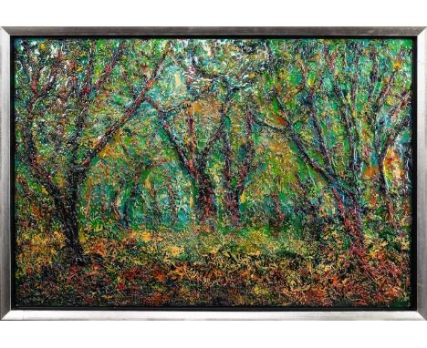 * PETER WOOD, HIGHLAND TREES mixed media on boardframedoverall size 90cm x 130cm