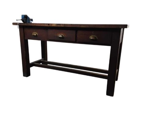 OAK WORK BENCH, 20TH CENTURY  lined with three drawers, and a vice attachment to top85cm Tall x 153cm Wide x 70cm Deep