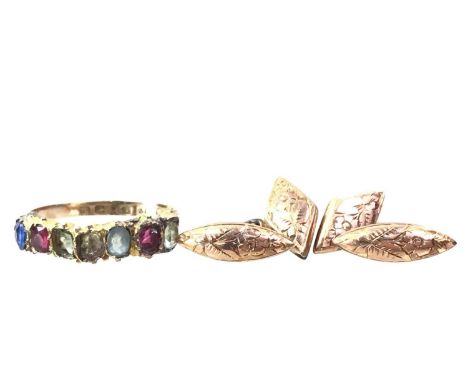 VICTORIAN GEM SET RING, ALONG WITH A PAIR OF CUFFLINKS the ring in twelve carat gold, lacking two stones, along with a pair o