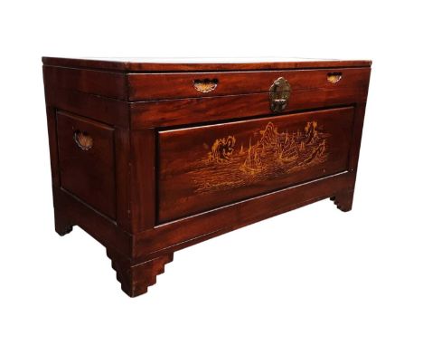 CHINESE HARDWOOD CHEST, with carved boating scene to the top with brass fittings104cm wide