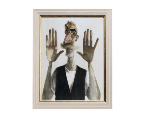 * JOHN BYRNE RSA (SCOTTISH 1940 - 2023), HANDS UP offset lithograph on paperframed and under glassoverall size 52cm x 42cm