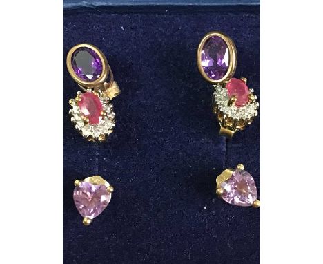 PAIR OF RUBY AND DIAMOND CLUSTER EARRINGS, AND TWO OTHERS the ruby clusters silver gilt, one pair unmarked and the other in n