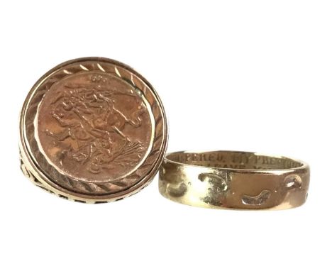 TWO GOLD RINGS, NINE CARAT GOLD comprising a wedding band and a sovereign style ring, each marked for nine carat goldQty: 5.4