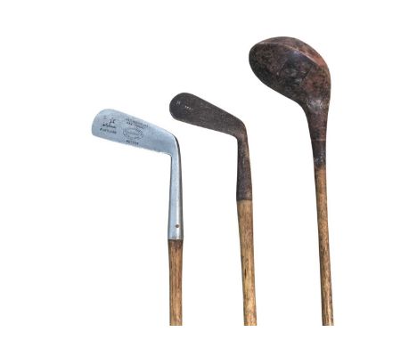 TWO VINTAGE HICKORY SHAFTED GOLF CLUBS, AND OTHERS the hickory clubs with leather grips, along with seven steel shafted drivi