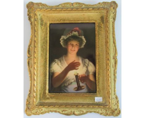 Huteschenereuker, a hand painted plaque, portrait of a young candle lit girl Lisette in a gilt frame. Condition Report: Overa