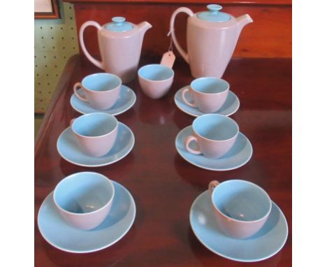 A mid-20th century Poole coffee service, comprising: coffee pot, hot water pot, sugar bowl, six cups and saucers.