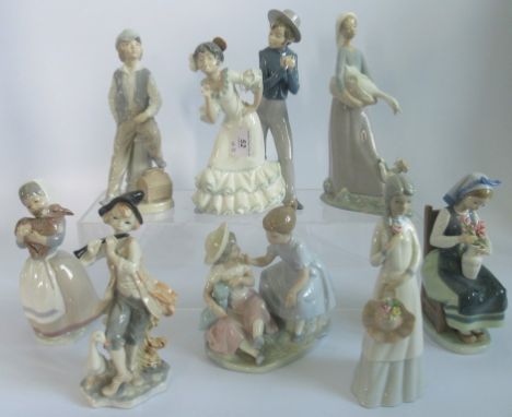 A collection of eight Lladro, Nao and other related figurines, to include Flamenco Dancers, Goose Girl, Flower Girl and other