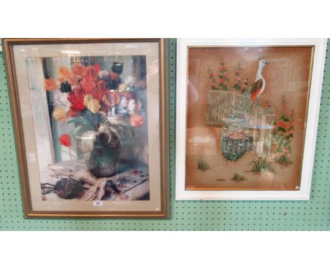 A framed and glazed silk work of a peacock, together with a framed and glazed floral print.