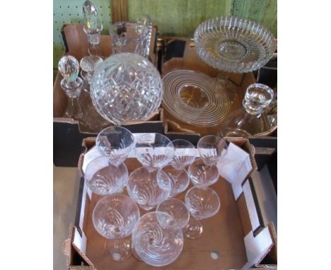 Three boxes of miscellaneous moulded and cut glass, to include: lamp, lemonade jug, decanters, cake stand and drinking glasse