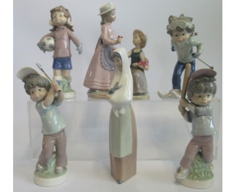 A collection of six various Lladro and Nao figures, to include: flower girls, skier, golfer and other related figurines. Cond