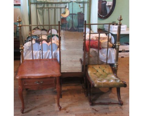 A George IV-style mahogany and button hide x-frame stool, together with a cheval mirror and a French-style single drawer side