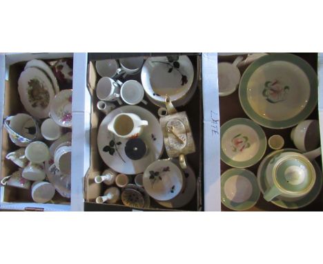 Three boxes containing a large quantity of miscellaneous china, to include: Susie Cooper part-dinner service, Swinnertons tea